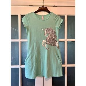 JUSTICE GIRLS SHORT SLEEVE TEAL DRESS WITH COLOR CHANGING SEQUIN UNICORN 🦄💙